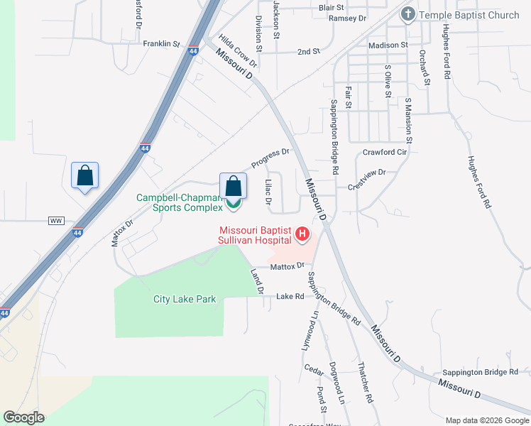 map of restaurants, bars, coffee shops, grocery stores, and more near 1122 Lilac Drive in Sullivan