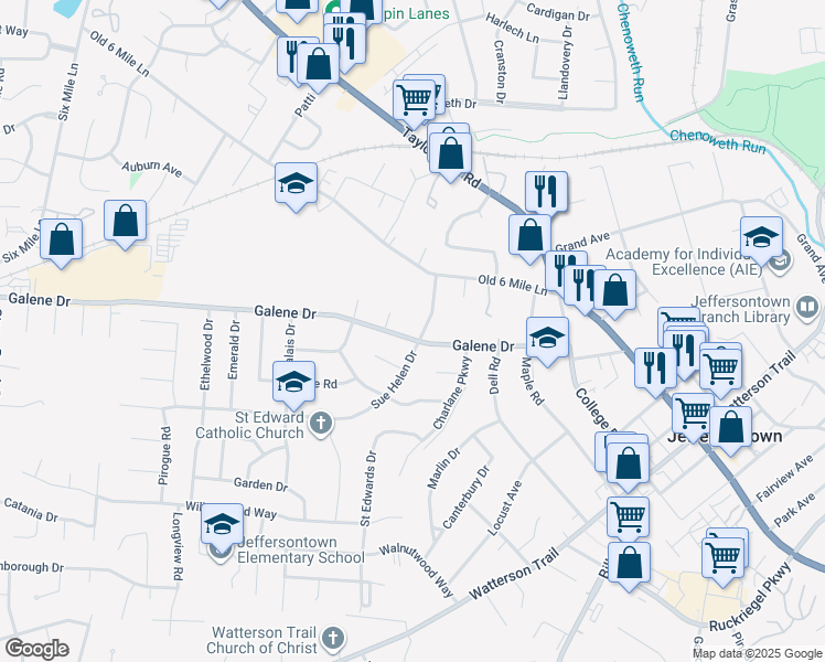 map of restaurants, bars, coffee shops, grocery stores, and more near 9717 Galene Drive in Louisville