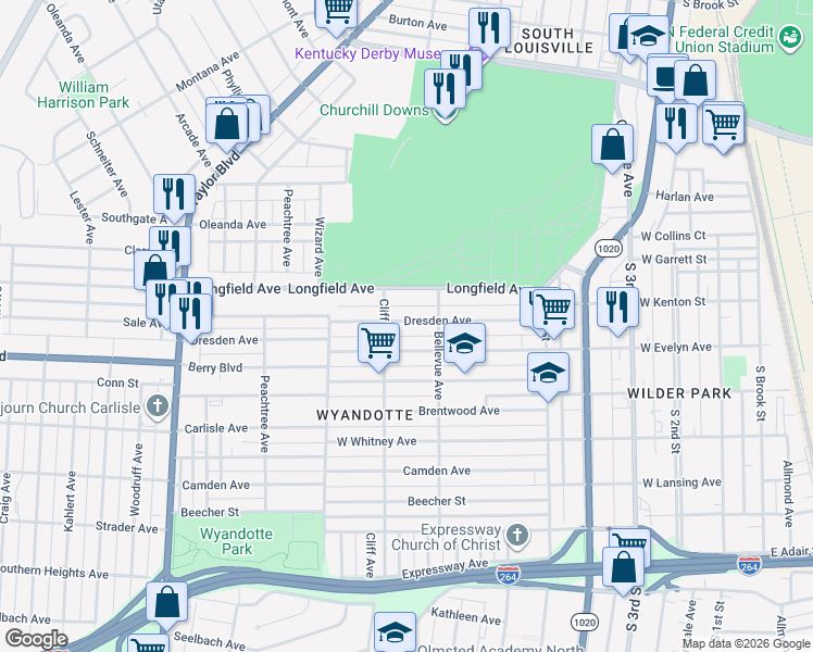map of restaurants, bars, coffee shops, grocery stores, and more near 822 Dresden Avenue in Louisville