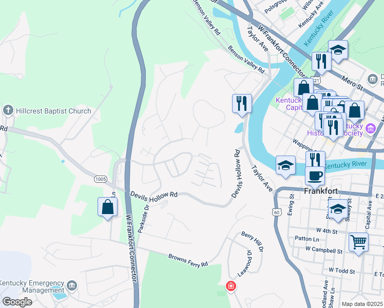map of restaurants, bars, coffee shops, grocery stores, and more near 1026 River Bend Road in Frankfort