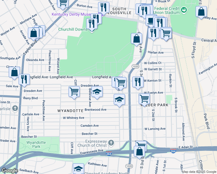 map of restaurants, bars, coffee shops, grocery stores, and more near 526 Dresden Avenue in Louisville