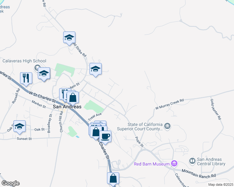 map of restaurants, bars, coffee shops, grocery stores, and more near 471 Lc Peterson Drive in San Andreas