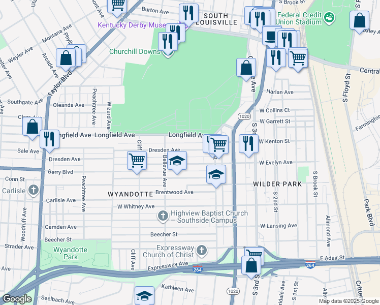 map of restaurants, bars, coffee shops, grocery stores, and more near 526 Dresden Avenue in Louisville