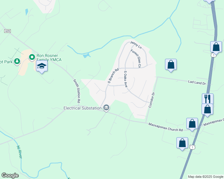 map of restaurants, bars, coffee shops, grocery stores, and more near 5408 Veld Court in Fredericksburg
