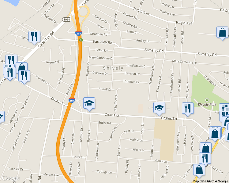 map of restaurants, bars, coffee shops, grocery stores, and more near 2300 Burrell Drive in Louisville