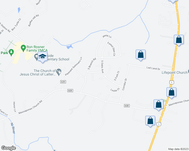map of restaurants, bars, coffee shops, grocery stores, and more near 5407 Veld Court in Fredericksburg