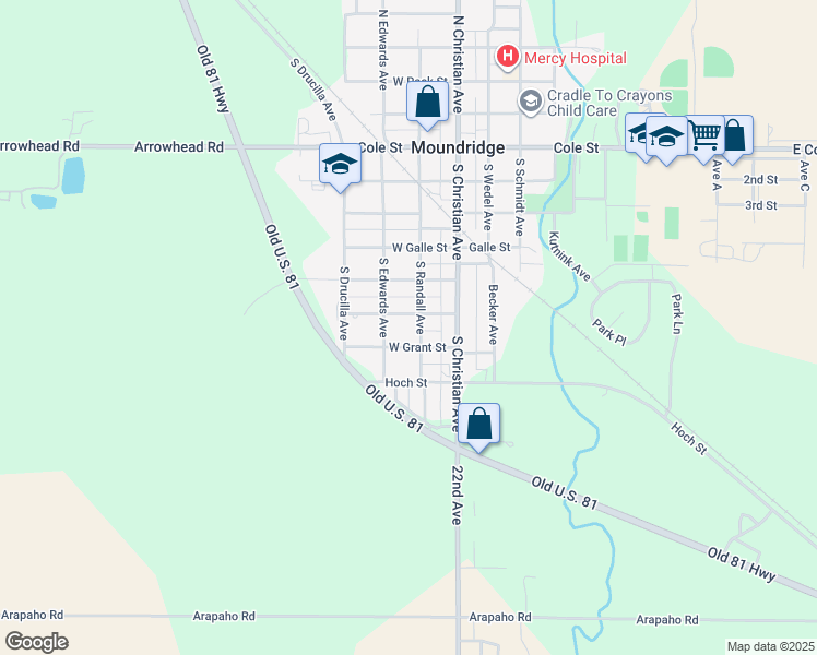 map of restaurants, bars, coffee shops, grocery stores, and more near 607 South Randall Avenue in Moundridge