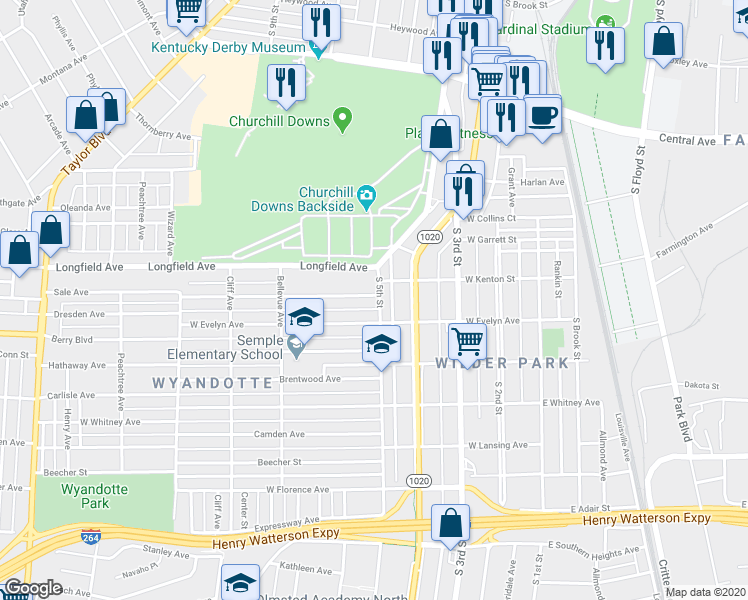 map of restaurants, bars, coffee shops, grocery stores, and more near 3918 South 5th Street in Louisville