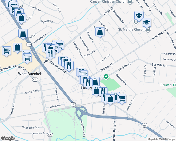 map of restaurants, bars, coffee shops, grocery stores, and more near 3820 Chevy Chase Road in Louisville