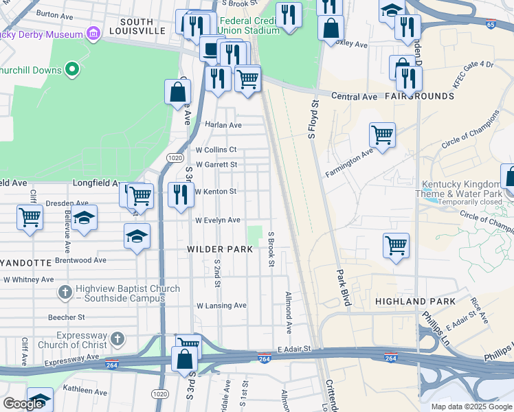 map of restaurants, bars, coffee shops, grocery stores, and more near 4019 Rankin Street in Louisville