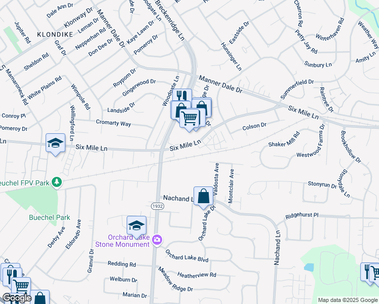 map of restaurants, bars, coffee shops, grocery stores, and more near 7312 6 Mile Lane in Louisville