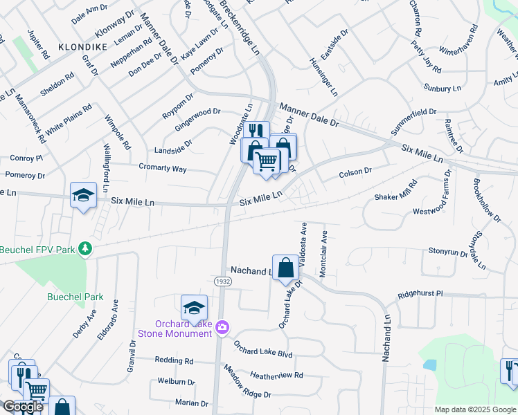 map of restaurants, bars, coffee shops, grocery stores, and more near 7312 6 Mile Lane in Louisville