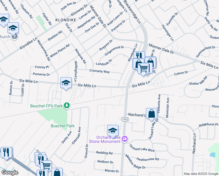 map of restaurants, bars, coffee shops, grocery stores, and more near 6714 6 Mile Lane in Louisville