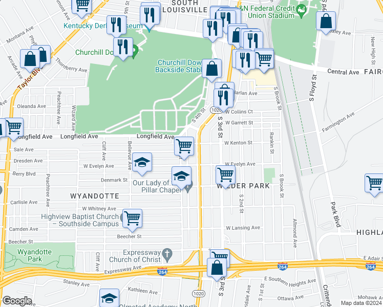 map of restaurants, bars, coffee shops, grocery stores, and more near 3928 Southern Parkway in Louisville