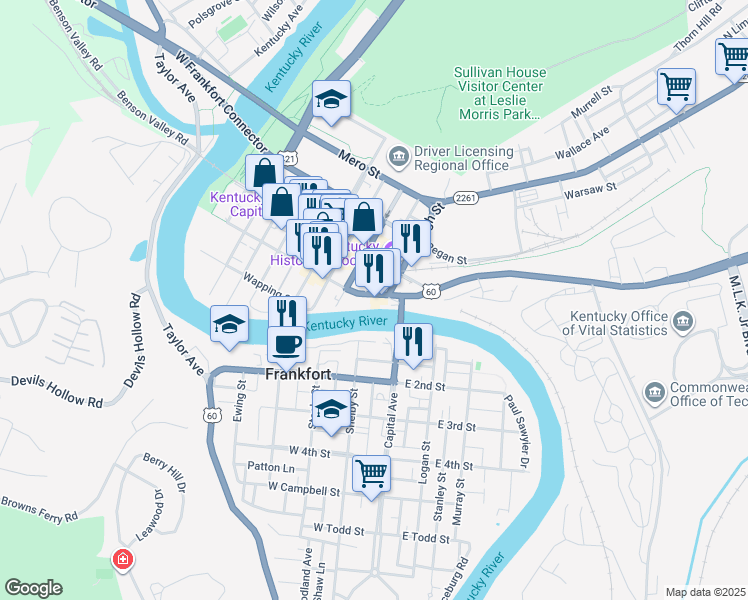 map of restaurants, bars, coffee shops, grocery stores, and more near 103 East Main Street in Frankfort