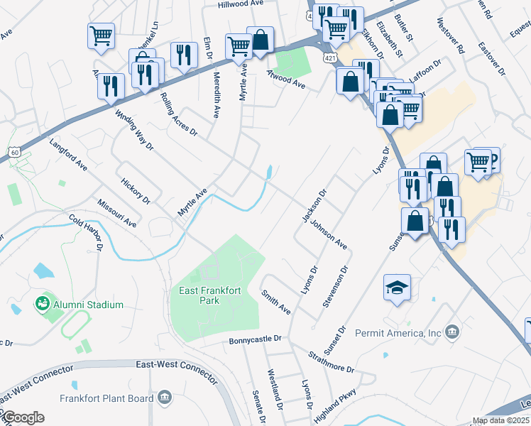 map of restaurants, bars, coffee shops, grocery stores, and more near 113 Kendallwood Drive in Frankfort