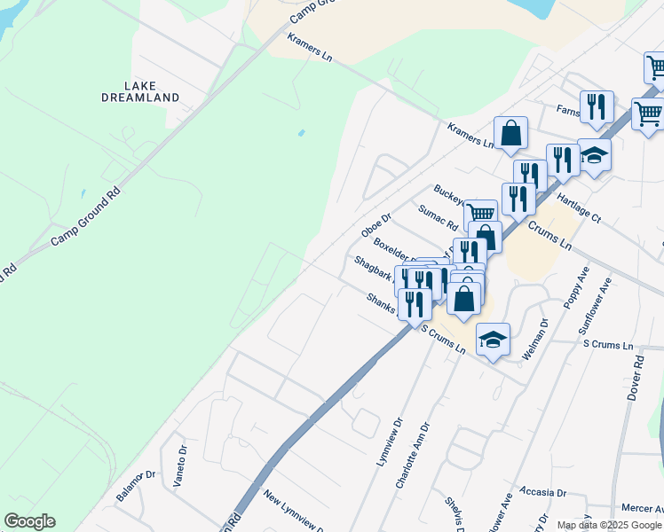 map of restaurants, bars, coffee shops, grocery stores, and more near 3703 Shanks Lane in Louisville
