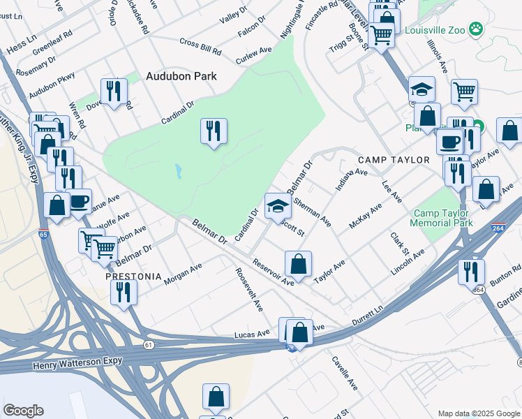 map of restaurants, bars, coffee shops, grocery stores, and more near 1436 Cardinal Drive in Louisville