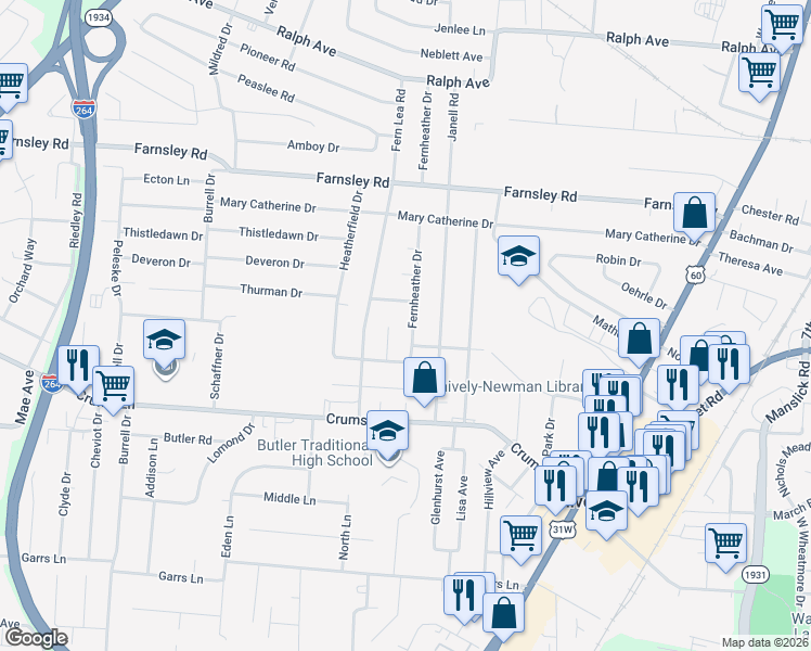 map of restaurants, bars, coffee shops, grocery stores, and more near 3446 Fernheather Drive in Louisville