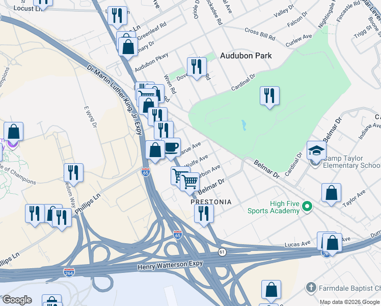 map of restaurants, bars, coffee shops, grocery stores, and more near in Louisville