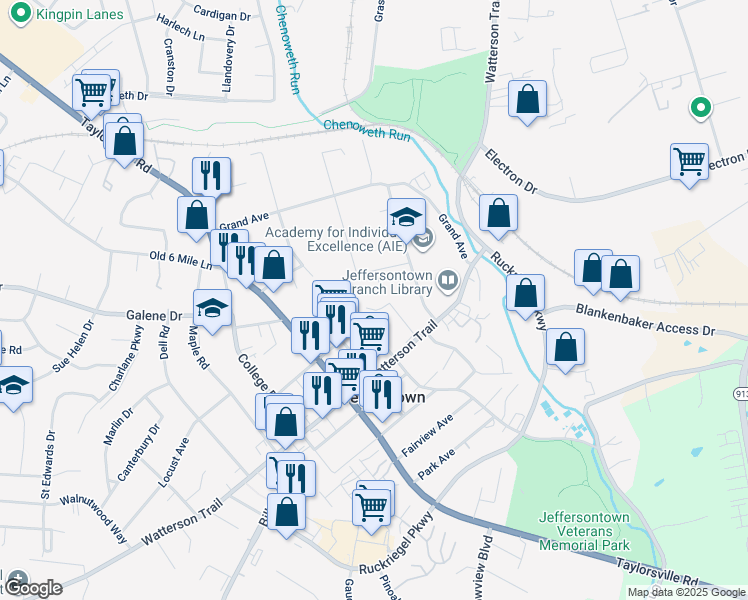 map of restaurants, bars, coffee shops, grocery stores, and more near 3500 Good Samaritan Way in Jeffersontown