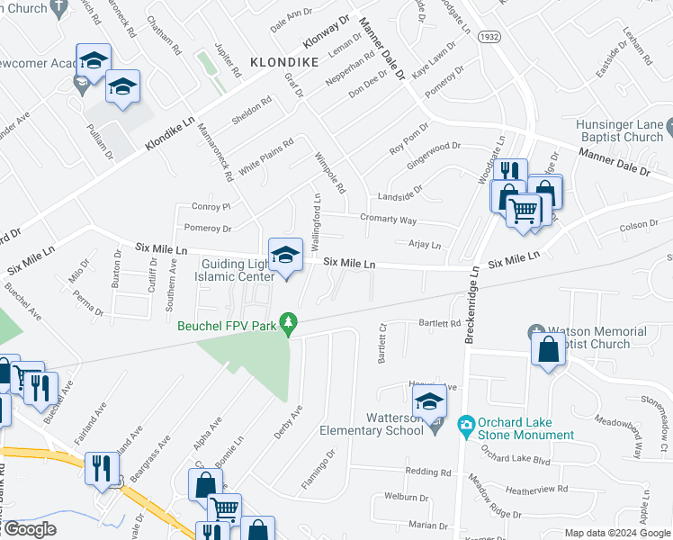map of restaurants, bars, coffee shops, grocery stores, and more near 6510 6 Mile Lane in Louisville