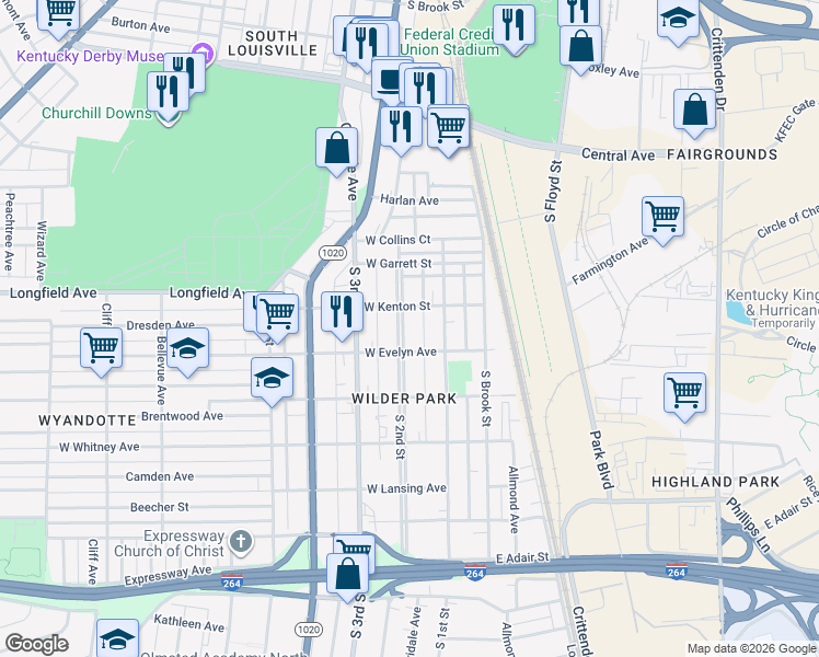 map of restaurants, bars, coffee shops, grocery stores, and more near 4011 South 2nd Street in Louisville
