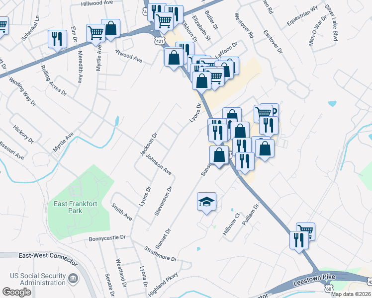 map of restaurants, bars, coffee shops, grocery stores, and more near 153 Lyons Drive in Frankfort