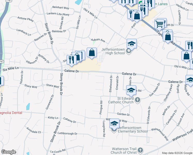 map of restaurants, bars, coffee shops, grocery stores, and more near 3204 Lafollette Court in Louisville