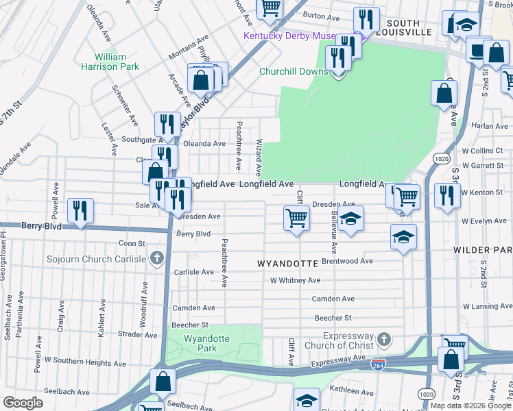 map of restaurants, bars, coffee shops, grocery stores, and more near 1006 Sale Avenue in Louisville