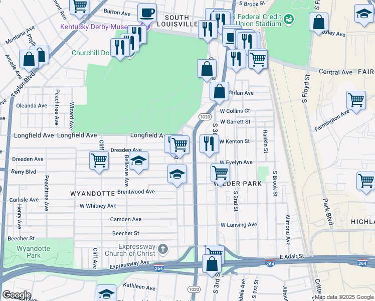 map of restaurants, bars, coffee shops, grocery stores, and more near 3928 Southern Parkway in Louisville