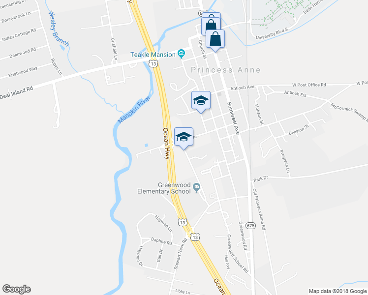 map of restaurants, bars, coffee shops, grocery stores, and more near 30453 Linden Ave in Princess Anne