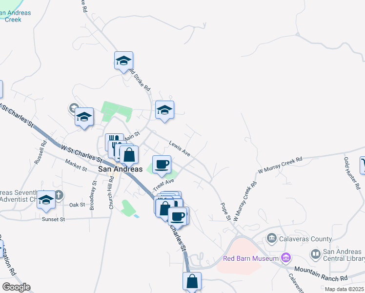 map of restaurants, bars, coffee shops, grocery stores, and more near 435 Foothill Court in San Andreas