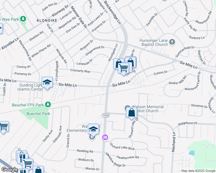map of restaurants, bars, coffee shops, grocery stores, and more near Breckenridge Lane & 6 Mile Lane in Louisville