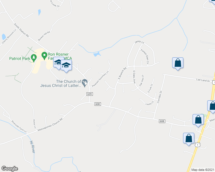 map of restaurants, bars, coffee shops, grocery stores, and more near 5406 O'Bryant Court in Fredericksburg