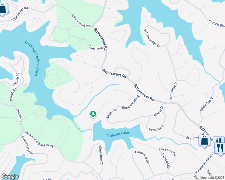 map of restaurants, bars, coffee shops, grocery stores, and more near 198 Glendale Ct in Village of Four Seasons