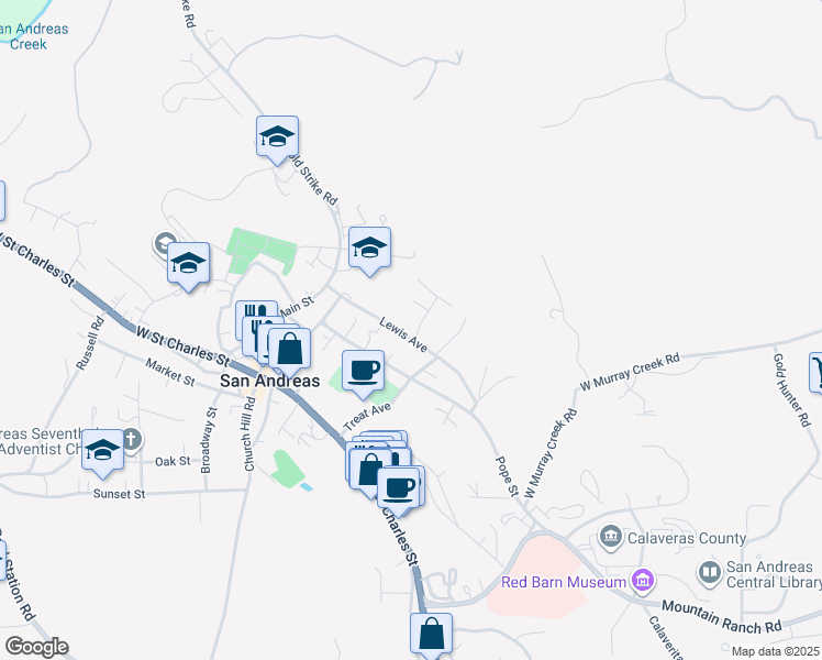 map of restaurants, bars, coffee shops, grocery stores, and more near 435 Foothill Court in San Andreas