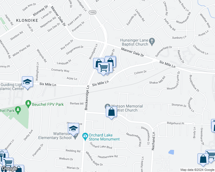 map of restaurants, bars, coffee shops, grocery stores, and more near 3406 Lesway Court in Louisville