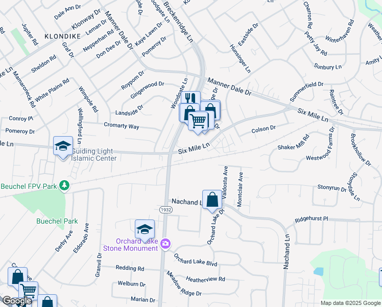 map of restaurants, bars, coffee shops, grocery stores, and more near 7312 6 Mile Lane in Louisville