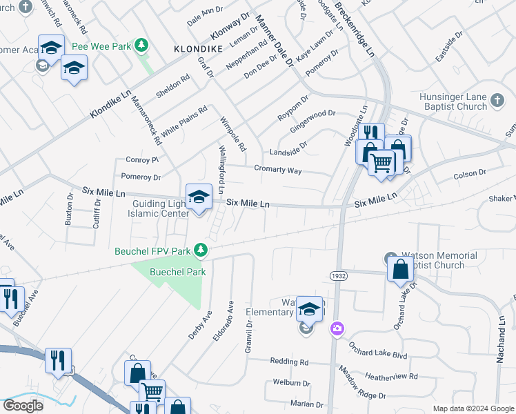 map of restaurants, bars, coffee shops, grocery stores, and more near 4210 Wallingford Lane in Louisville