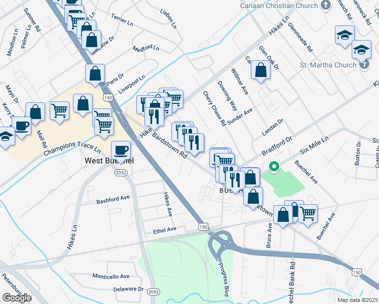 map of restaurants, bars, coffee shops, grocery stores, and more near 2205 Sieger Villa Court in Louisville