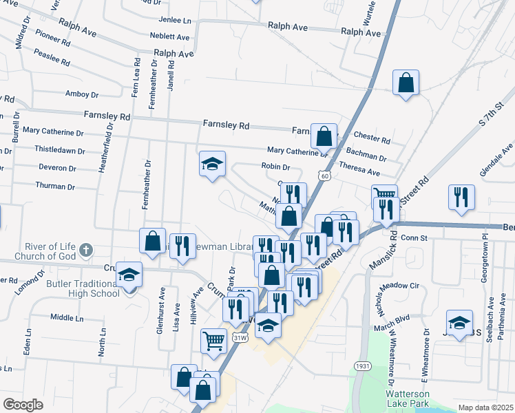 map of restaurants, bars, coffee shops, grocery stores, and more near 149 Matheis Lane in Shively