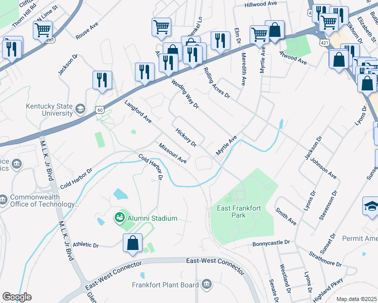 map of restaurants, bars, coffee shops, grocery stores, and more near 249 Langford Avenue in Frankfort