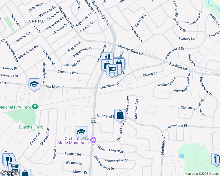 map of restaurants, bars, coffee shops, grocery stores, and more near 7312 6 Mile Lane in Louisville