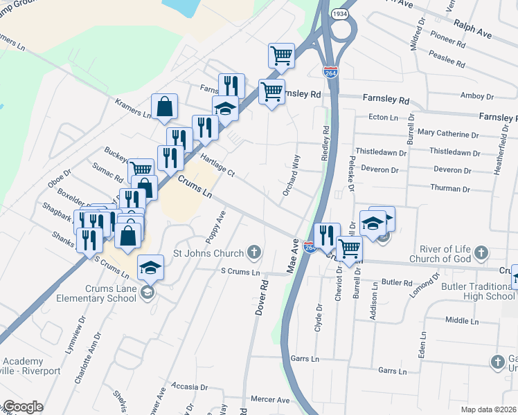 map of restaurants, bars, coffee shops, grocery stores, and more near 4241 Freeman Avenue in Louisville