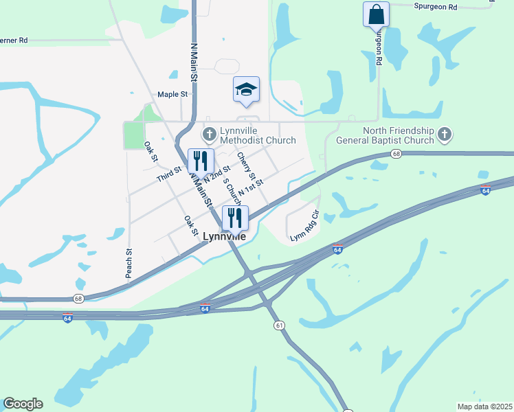 map of restaurants, bars, coffee shops, grocery stores, and more near 215 Indiana 68 in Lynnville