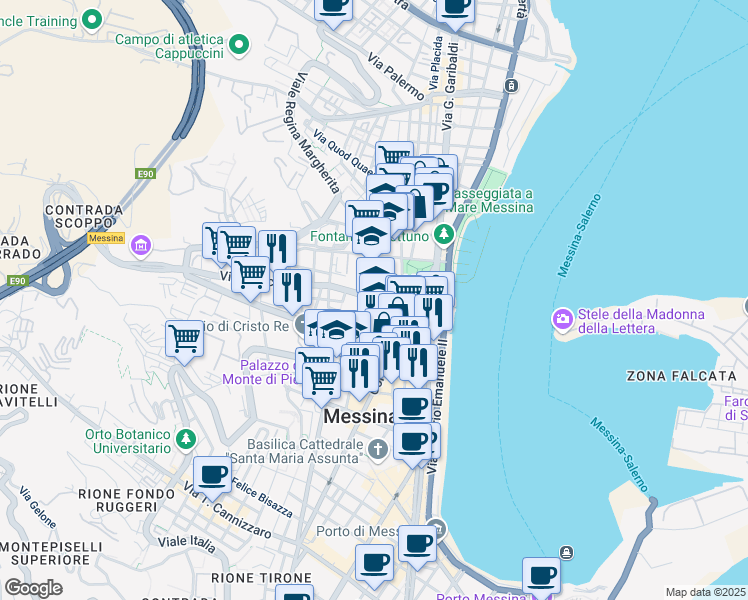 map of restaurants, bars, coffee shops, grocery stores, and more near Via Cianciolo in Messina