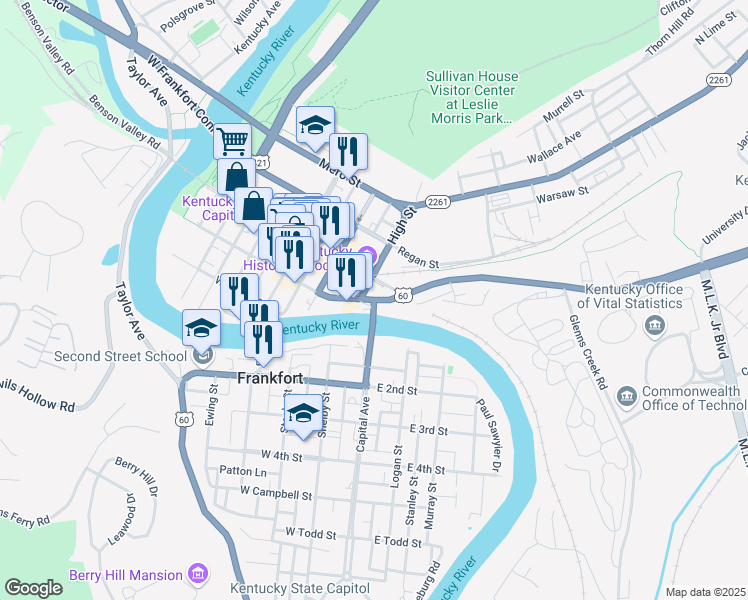 map of restaurants, bars, coffee shops, grocery stores, and more near 599 East Main Street in Frankfort