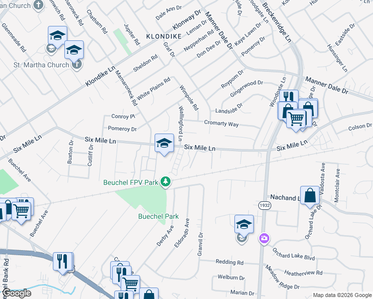 map of restaurants, bars, coffee shops, grocery stores, and more near 6502 6 Mile Lane in Louisville