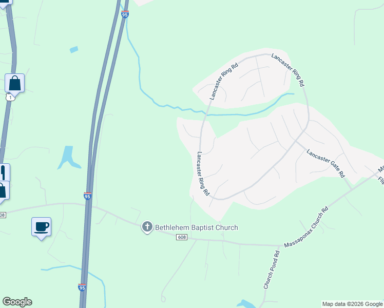 map of restaurants, bars, coffee shops, grocery stores, and more near 3426 Lancaster Ring Road in Fredericksburg